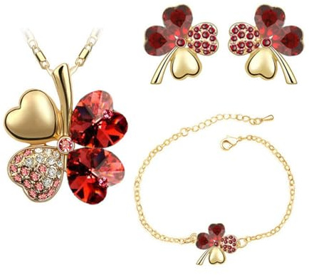 Auriselle Señoras Joyería Set Trébol de Cuatro Hojas de la Suerte Pendientes Collar Pulsera 3 Piezas Mujeres Joyería con Zirconia Cúbico Regalos de Boda para Damas, Rojo