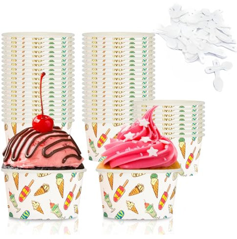 Bakiauli 50 Piezas Vasos de Papel para Helado 125 ml, Vasitos para Postres con Cucharas Taza de Postre de Yogur Congelado