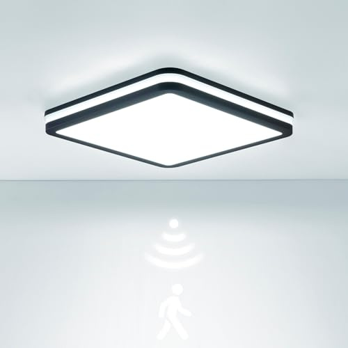 LEZOE IP65 Vattentät LED-taklampa med rörelsesensor, 18 W, 2 700 lm, 150 (Lm/W), vattentät 3 000/4 000/6 500K, perfekt för badrum, garage, trappor, källare, hall, balkong 22 x 22 cm