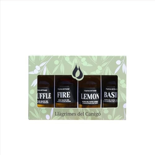 Pack huiles d'olive infusées - Llàgrimes del Canigó - 4 x 100 ml - épicé, truffe, citron et basilic - Coffret gourmet aux saveurs naturelles