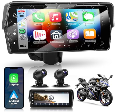 VECHTEL Pantalla inalámbrica CarPlay para Motocicleta con 2 cámaras, grabación en Bucle,IP68,navegación para Motocicleta de 6,86 Pulgadas para CarPlay y Android Auto,Bluetooth Dual,Siri/Asistente,EQ