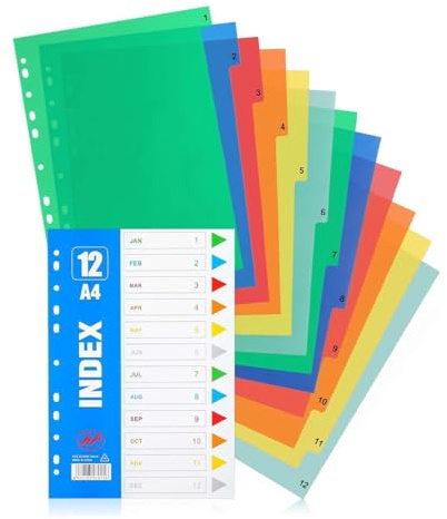 UIEXAY Divisores De Archivos A4, Número 1-12, Separadores Archivadorcon 11 Agujeros Y Pestañas Multicolor Para La Oficina Doméstica