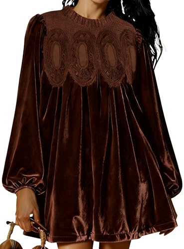 Freyhem Womens A-Line Velvet Lace Overall Pleated Swing Babydoll Casual Skirtall Scallop Neck Flared Wedding Mini Dress(Brown-L)