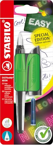 STABILO - Pluma estilográfica escolar con plumín mediano estándar - EASYbuddy NEON en verde neón - azul (borrable) - incluye cartucho - blíster
