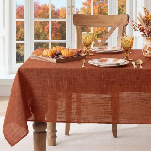 FIBORIA Autumn Table Cloth Faux Linen Rust Tablecloth Rectangular 140x200 cm Wipe Clean Tablecloths Water Resistant Washable Table Cover for Festival Decoroations Party Thanksgiving Kitchen,78x55 inch