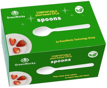 GreenWorks Heavy-duty Compostable Spoons,BPI Certified,100 Count Large Disposable Cutlery Spoons