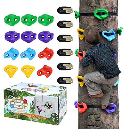 TOPNEW 12 Ninja Tree Climbing Holds for Kids Climber, Adult Climbing Rocks with 6 Ratchet Straps for Outdoor Ninja Warrior Obstacle Course Training