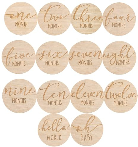 Pearhead Wooden Monthly Milestone Photo Cards - 7 Double-Sided Engraved Discs for Baby Announcement and Milestones, Gender-Neutral Photo Props for Newborn Boy and Girl, Light Wood