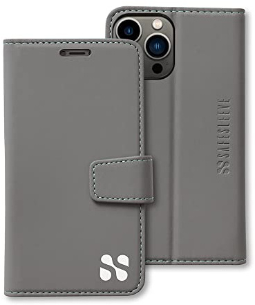 SafeSleeve EMF Protection Anti Radiation iPhone 14 Pro Case, RFID EMF Blocking, Card Holder Wallet, Vegan Leather, Adjustable Stand Cell Phone Case, for Women & Men (Grey)