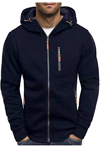 Sweat a Capuche Homme Cordon Poches Zippé Marque Travail Pulls, Gilets et Sweats Uni Respirant Chaud Mode Vintage Casuals Slim Veste Homme Pas Cher Halloween Automne Hiver Marine XL
