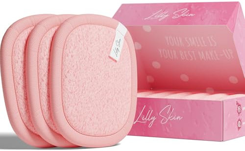 Waschbare und wiederverwendbare Make-up Entferner Pads von Lilly Skin – Rechteckige Mikrofaser-Reinigungs- und Peeling-Tücher für die Gesichtshaut – Box mit 7 Pads - Puder-Pink