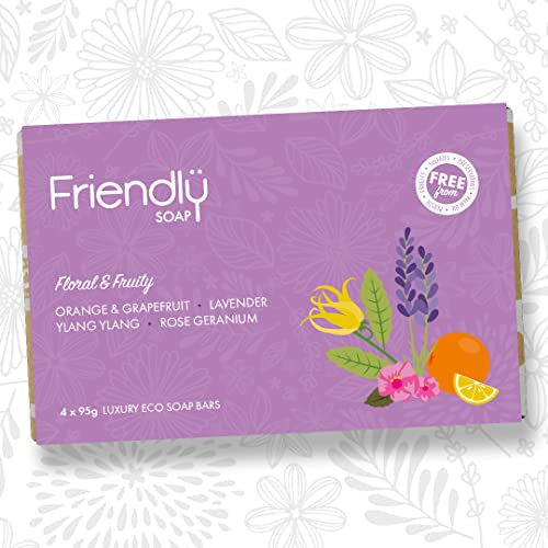 Friendly Soap - Natural Soap Selection, Floral & Fruity (4 x 95g), Orange & Grapefruit, Lavender, Ylang Ylang, Rose Geranium, Cruelty Free, No Palm Oil, No Preservatives, No Sulphates