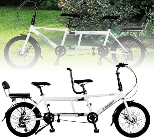 BOBVB Tandem Bike, City Tandem Bicycles, 20-inch Folding Beach Cruiser Bike, Three Seater, 7-Speed Adjustable, Size 210x35x110cm/110x35x62cm, Maximum Load 200kg white