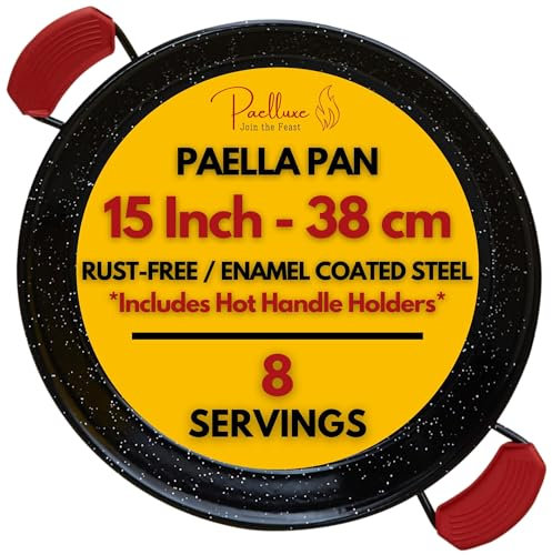 Paelluxe Paella Pan – Enamelled, No-Rust Steel Skillet – Easy-to-Clean Pan for Propane & Gas Burners – Indoor & Outdoor Cooking Cacerola Paellera Sarten – 15 Inch, for 8 Servings