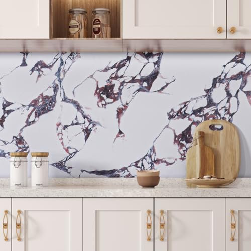 VaryPaper Papel de Pared Marmol Blanco Morado Oscuro 40cmx200cm Papel Tapiz Marmol Papel Autoadhesivo para Muebles Vinilo Adhesivo Cocina Papel para Paredes Baño Impermeable Vinilo Mesa Papel Forrar