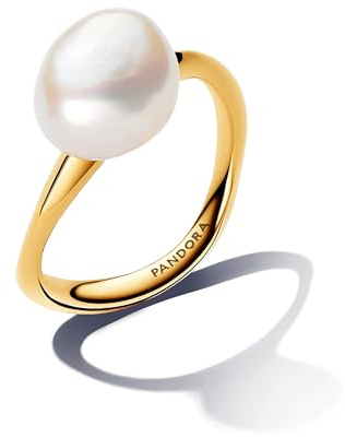 PANDORA Essence Anillo chapado en oro de 14 quilates con perla blanca barroca cultivada de agua dulce tratada, talla 58