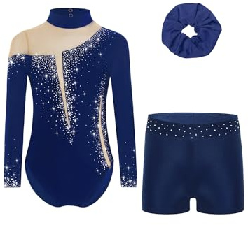 Freebily Maillot De Gimnasia Ritmica para Niña Body Ballet De Elástico con Leggings Cortos De Deporte Traje De Competición Actuación A Azul Marino 9-10 años