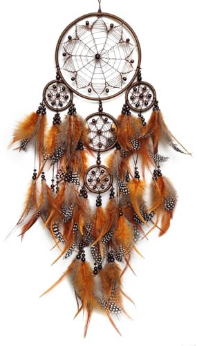 Donko Large Dream Catcher Wall Decor Brown Dream Catchers with Wooden Bead Handmade Feather Dreamcatcher Wall Hanging Ornament for Bedroom Living Room Home Decor