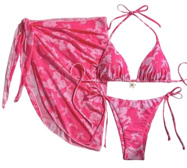 GORGLITTER Damen Triangel Bikini Mit Rock Damen Set 3 Teilig Neckholder Bikini Mit Blumen Muster Hawaii Badeanzug Sommer Bademode Swimsuit Strandmode Rosa M