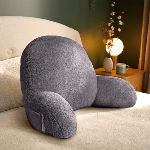Silentnight Cosy Cuddles Cuddle Pillow - Snuggly Teddy Boucle Pillow with Side Pocket - Huggable Comfort & Support for Back & Arms - Sit Up Reading Cushion - Relax Read Game Work in Bed or Sofa, Grey