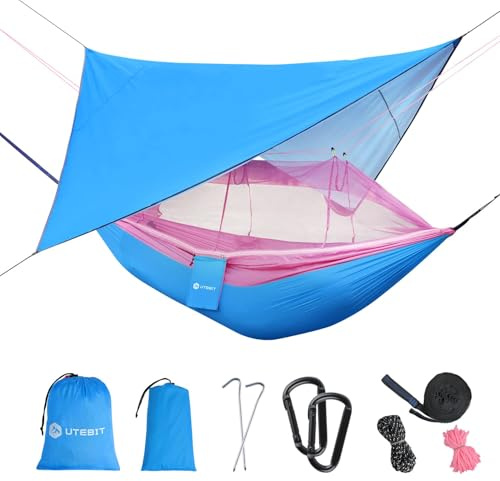 UTEBIT Camping Hammock, Single & Double Portable Hammocks with Mosquito Net, Rainfly Cover, Camping Accessories with Tree Straps for Hanging Outdoor, Indoor, Patio, Backyard (Blue&Pink)