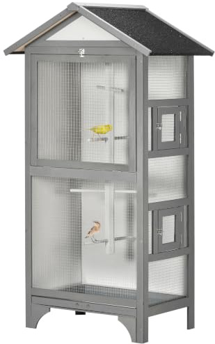 PawHut Jaula para Pájaros Pajarera de Madera con 3 Puertas 4 Perchas Bandeja Extraíble y Techo Asfáltico 80,5x57x153 cm Gris Claro
