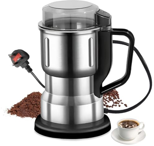 Electric Coffee Bean Grinder, LULUWA 200W Household Stainless Steel Coffee Grinding Mixer with Overheat Protection for Nut Spices Seeds Grains (Silver)