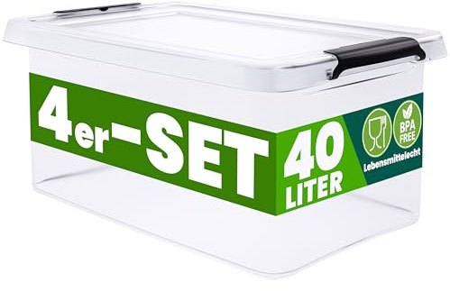 Deuba® 4x Aufbewahrungsbox mit Deckel 40L Box Kunststoff Kisten lebensmittelecht BPA frei Klickverschluss transparent stapelbar Küche Schlafzimmer