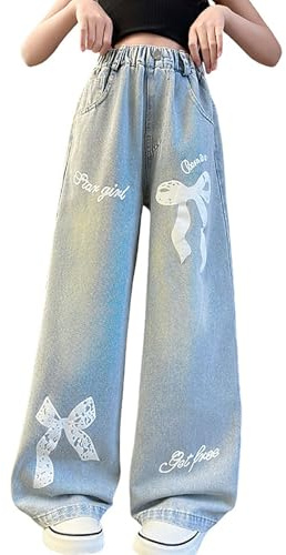 Wide Leg Jeans Kids Girls Baggy Trendy Teenage Girls Loose Fit Trousers Elastic Waist Dressy Stretchy Comfy School Casual Athletic Streetwear Sweatpants 5-17 Years (16-17 Years, Blue-b)