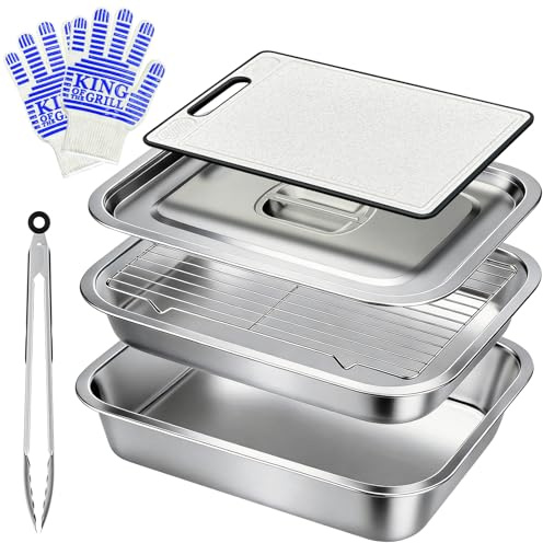 Grill Prep and Carry System,7-Piece Stackable Food Tray Accessories for BBQ | Stainless Steel Marinating Container with Lid,Cutting Board Wire Rack Tongs & Heat Resistant Gloves, for Outdoor Cooking