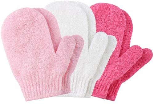 6pcs Exfoliating Gloves, Exfoliating Wash Gloves, Shower Scrub Gloves Away Ingrown Hair and Dead Skin for Shower, Spa, Massage and Dead Skin Cell Remover Loofah - Pink + Red + White