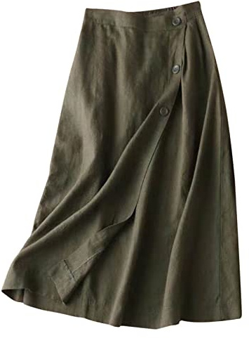 Générique Jupe en Coton Et Lin Femme Mi Longue ÉTé Taille Haute Casual Légère et Respirante Rétro A Line Ceinture Taille Élastique Bohême Ample Couleur Unie D'été Jupe Midi pour Un Usage Quotidien