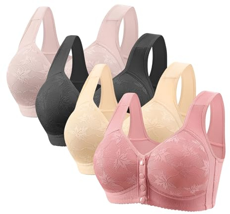 Flodxo 4 Pack Front Fastening Bras for Women Wireless Full Coverage Ladies Bras Button Front Closure Plus Size Tshirt Bra Non Wired Full Support Bra Wide Straps High Impact Bralette