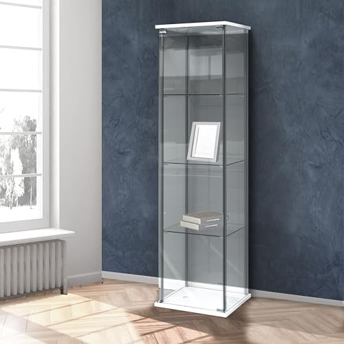 Vetrina Bianca 1 Anta, Design Elegante con Ripiani in Vetro Temperato, Struttura in Metallo e Laminato, 42,5 x 36,5 x H.161 cm, Perfetta per Soggiorno, Sala da Pranzo o Altri Spazi della Casa, in Kit