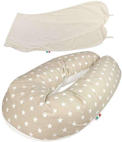 baby idea Babysanity® Cuscino Gravidanza (Interno + 2 Federe) Di Qualità' Allattamento Confortevole Del Neonato Per Dormire Sostegno Mamma Bambino Cotone 100% - Made In Italy - Stella riga beige