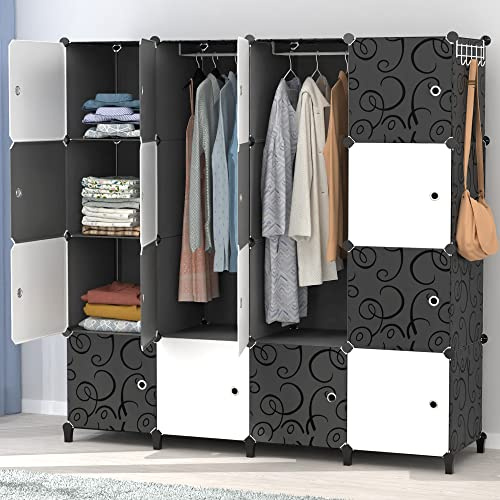 HOMIDEC Portable Wardrobe, 16 Cube Foldable Closet with 3 Clothes Hanging Rails, Deeper Cube Modular Cabinet Storage Organizer Shelf Bedroom Clothes Shoes Toys, Flower Pattern, Black