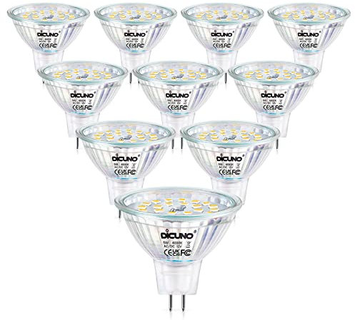 DiCUNO Bombilla LED GU5.3 MR16 5W Regulable, Equivalente halógena 50W Bajo Consumo, 12V, 500lm, Luz neutra 4000K, 120° Spotlight, Foco LED para techo y empotrables, Pack de 10