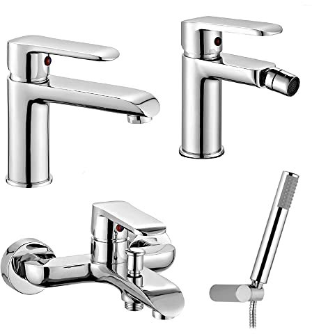 Set miscelatori rubinetteria bagno lavabo bidet e vasca da bagno con doccetta, completo di accessori, in ottone cromato, Dalila (Set lavabo bidet vasca con doccetta)