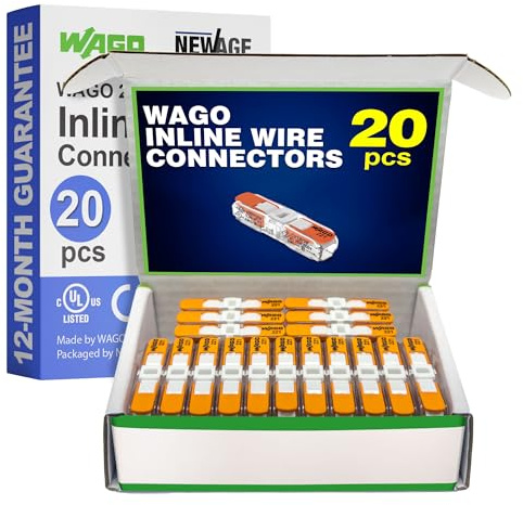 WAGO 221-2401 20pc Inline Compact Splicing Wire Connectors | Includes 20pc 221-2401 (2 Conductor) | WAGO Wire Connectors | 221 Straight Inline Splice | Straight Electrical Lever Nuts | (2-Port)