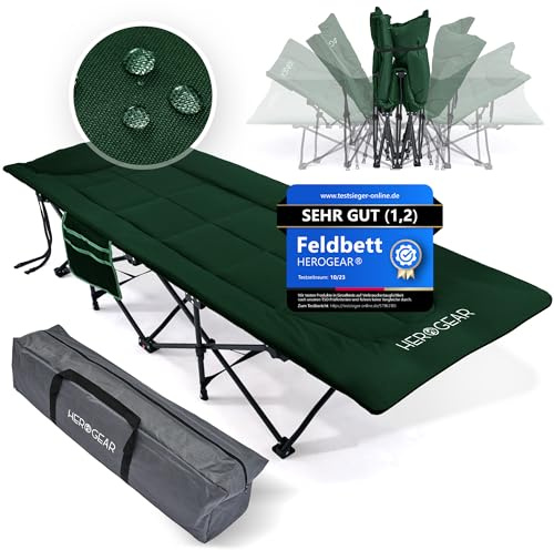 HEROGEAR Feldbett klappbar mit bequemer Baumwollfüllung [integriertes Kissen & Matratze] Gästebett Campingbett Strandliege Gartenliege Reisebett Erwachsene Faltliege Klappbett | 190 x 67 cm