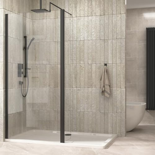 Matt Black 700mm Wet Room Walk in Shower Screen with 300mm Flipper Panel + 8mm Clear Easy Clean Safety Tempered Glass Panel & Black Stainless Steel Support Bars Shower Enclosure Cubicle 1850mm Height
