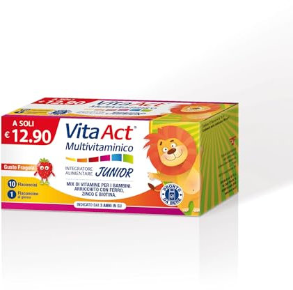 Vita Act Multivitaminico Junior, Integratore Alimentare per Bambini con Vitamina C, Vitamine B2, Vitamina B12, Zinco e Ferro, Gusto Fragola - 1 Confezione da 10 Flaconcini