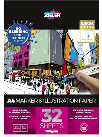 Konstnärers markör- och illustrationsplatta | A4 | 100 gsm | 32 ark med ultrasmörkt, belagt, högvitt papper | blödningssäker - av Zieler®.