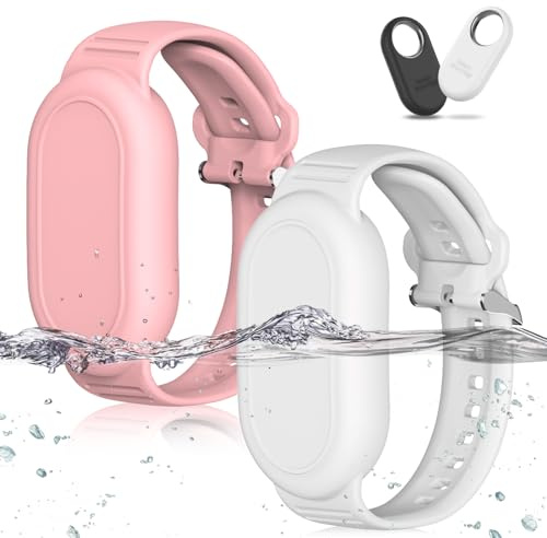 [2 Stück] GPS Tracker Armband für Samsung, Weiches Silikon GPS Tracker Verstecktes wasserdichtes Armband, Das verstellbare Band ist mit dem Samsung Galaxy SmartTag2 (2023) kompatibel - Weiß+Rosa