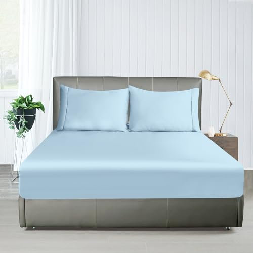 Spannbetttuch, Queen-Size-Größe, Viskose aus Bambus, Fadenzahl 400, 203,2 x 198,1 cm, 20,3–40,6 cm tiefe Tasche, Spannbetttuch, farbecht, weich, seidig, atmungsaktiv (nur 1 Spannbetttuch, Himmelblau,