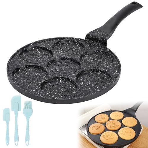 Padella per Pancake, Uova e Frittelle - 7 Fori, Pennello per Olio, Antiaderente, Diametro 26 cm