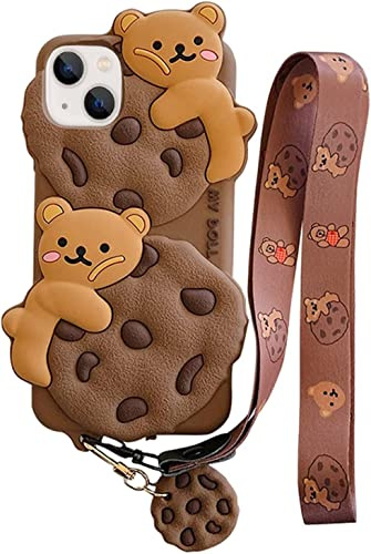 QoKcoahn Fodral för iPhone 13 Pro Max, roliga 3D-tecknade fodral, design med nallebjörn och kaka, med nyckelring och snodd, gulliga kawaii-telefonfodral, mjuk silikon, för kvinnor/flickor, stöttåligt