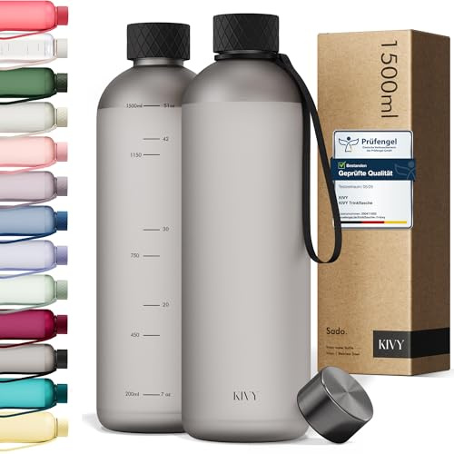 KIVY Large Water Bottle 50oz [Lightweight & Shatterproof] Fits Backpack & Cupholder for Travel, Sports, School - Black water bottle no straw - 1.5 Liter water bottles - 50oz Water bottle