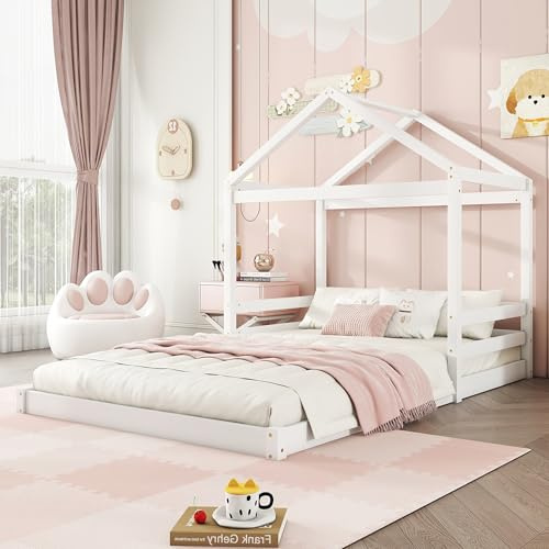 MSMOK Letto per la casa, 140 x 200 cm, culla a forma di casa con rete a doghe (senza materasso), in legno di pino, stile minimalista (bianco)