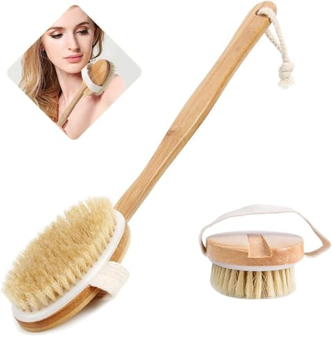 Cepillo de limpieza corporal, cepillo de baño desmontable, cerdas naturales, cepillo exfoliante de la piel para cepillado húmedo y seco (grande)
